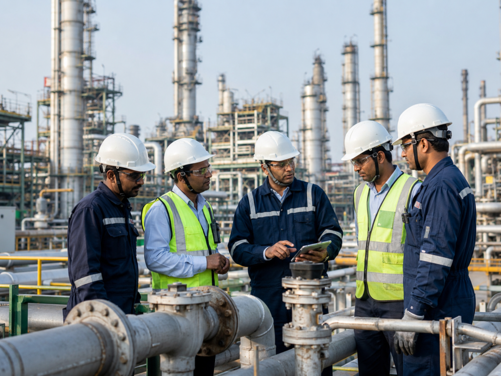Industrial workers discussing operations near refinery pipelines and equipment at a petrochemical facility.