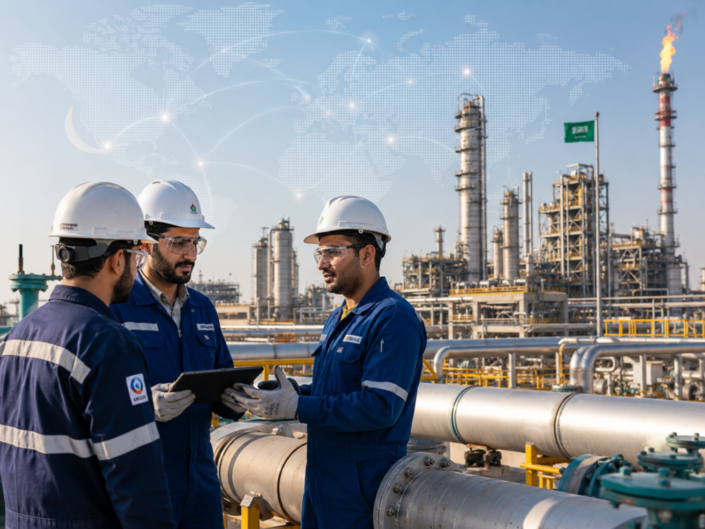Engineers wearing safety helmets inspecting equipment at an oil refinery with industrial pipelines in the background.